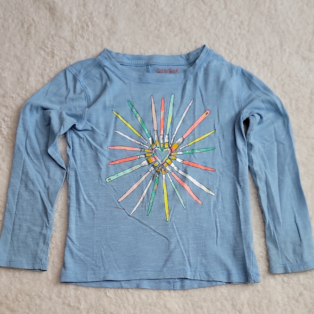 Cat & Jack S 6/6X Blue Long Sleeve Tee with Colorful Heart Design & Paintbrushes